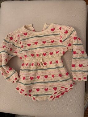 Cream Knit Heart-Striped One-Piece for Kids